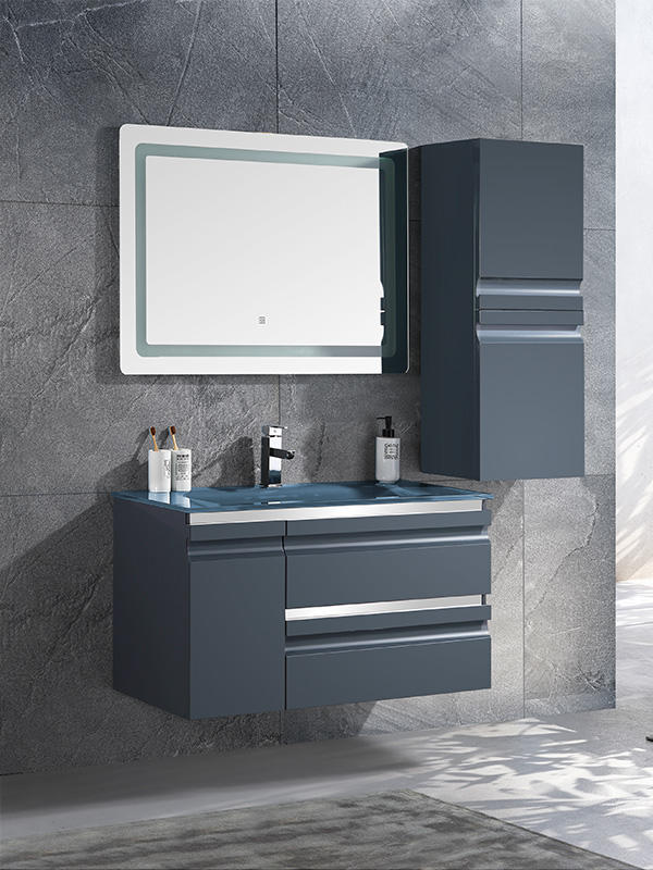 Mueble de baño elegante moderno gris oscuro montado en la pared con lavabo de vidrio
