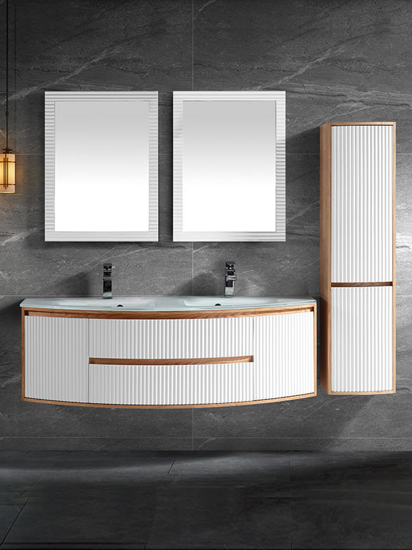 Conjunto de mueble de baño colgado en la pared con lavabo de vidrio doble de 150 cm, con orificio de desbordamiento