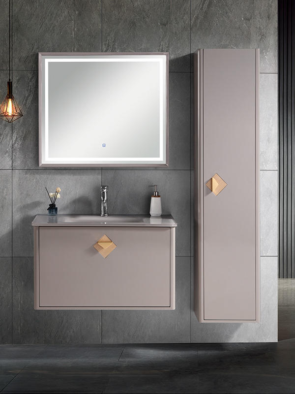 Moderno y elegante armario de baño colgado en la pared, encimera de vidrio