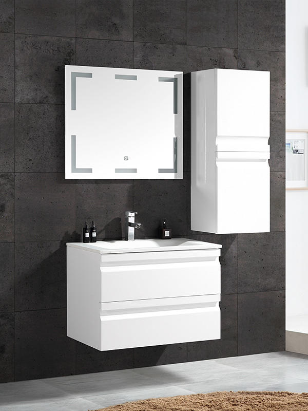 Mueble de baño colgado en la pared blanco con lavabo de vidrio
