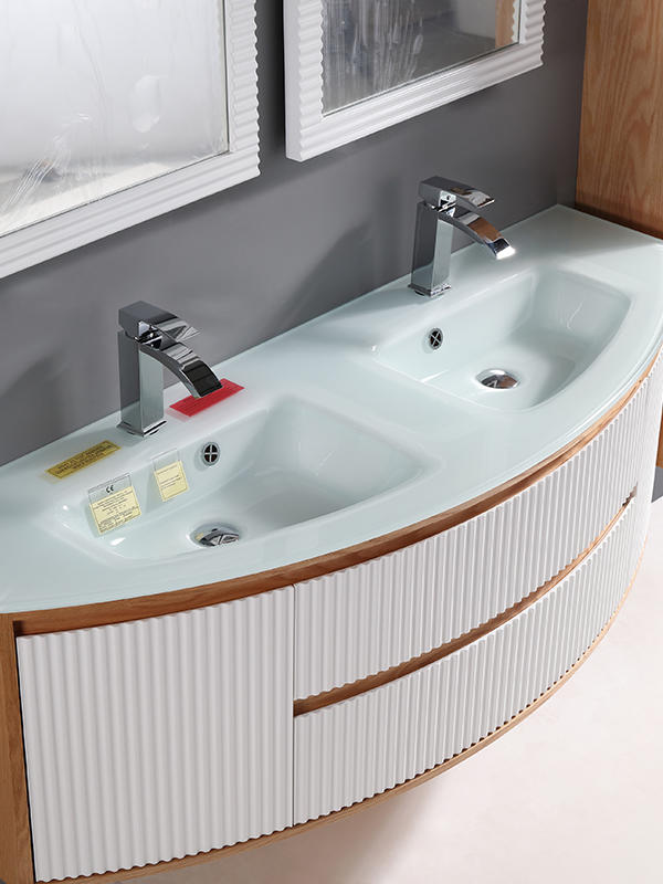 Conjunto de mueble de baño colgado en la pared con lavabo de vidrio doble de 150 cm, con orificio de desbordamiento