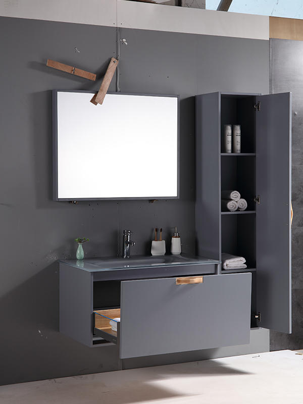 Moderno y elegante armario de baño colgado en la pared con paneles laterales de luz LED del cajón